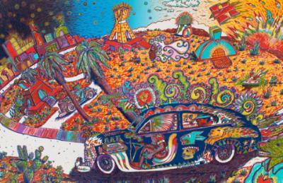 An animated car with bright colors drives through a residential area with palm trees and succulent native plantings